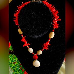 Women’s statement Necklace,Red Coral Spikes, with Grey lazy lace Agate stones